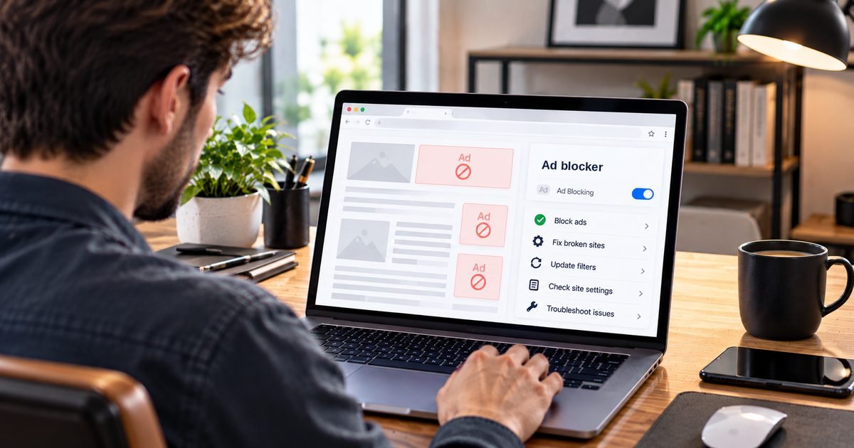 Illustration of a person at a laptop using a browser extension menu with options such as block ads, fix broken sites, update filters and troubleshoot issues, beside a page with blocked ad slots