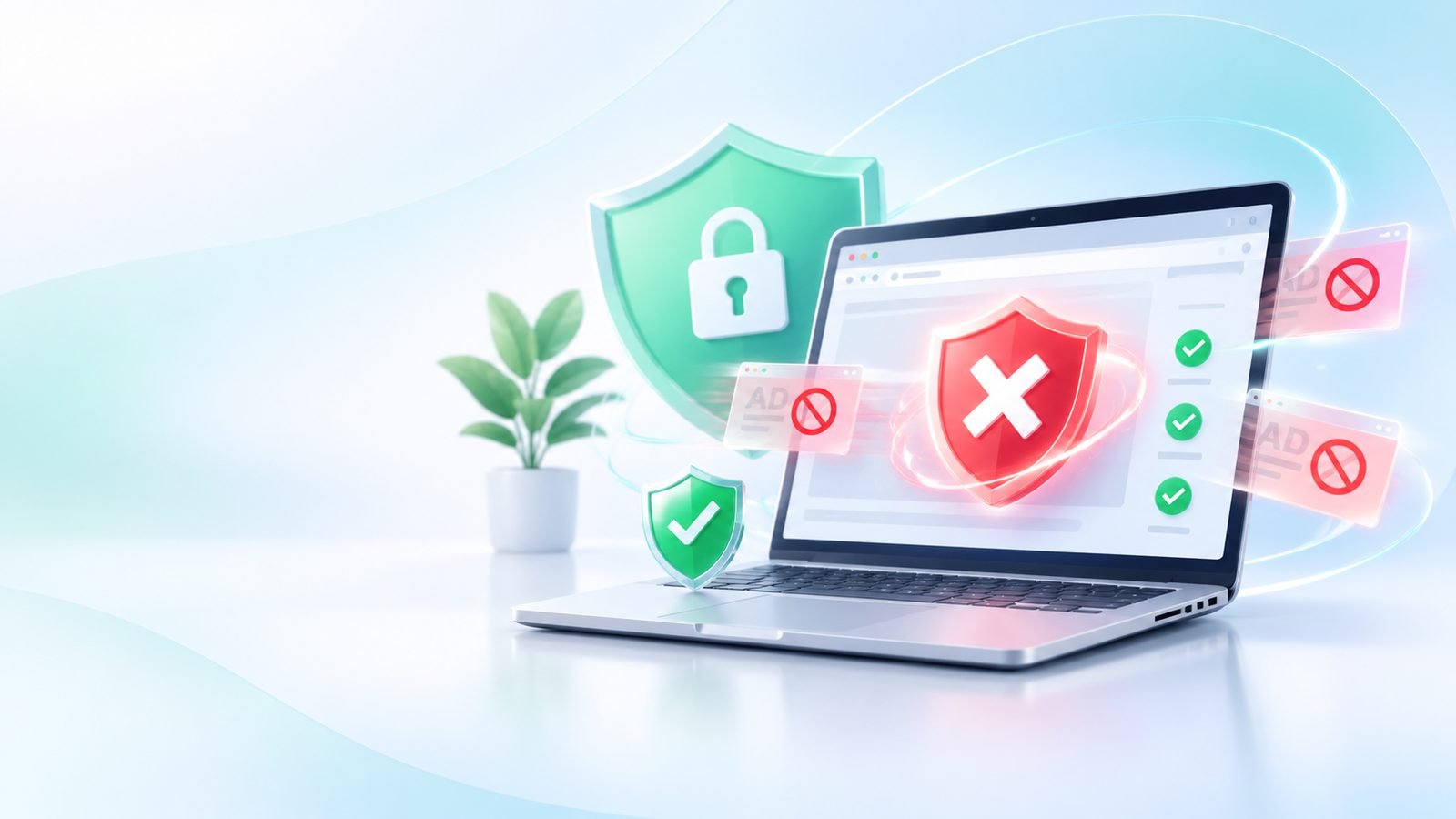 Illustration of a laptop with a green padlock shield beside it and ad windows marked with blocked symbols around the screen