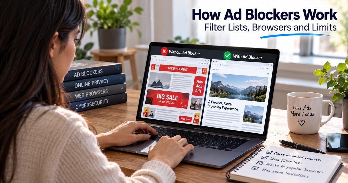 Illustration of a person at a laptop whose screen compares a page crowded with ads without an ad blocker against a clean page with one