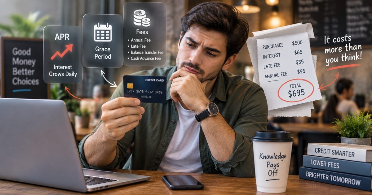A man reviewing a credit card statement showing purchases, interest, late fee and annual fee totaling $695, with APR, grace period and fee callouts illustrated around a credit card
