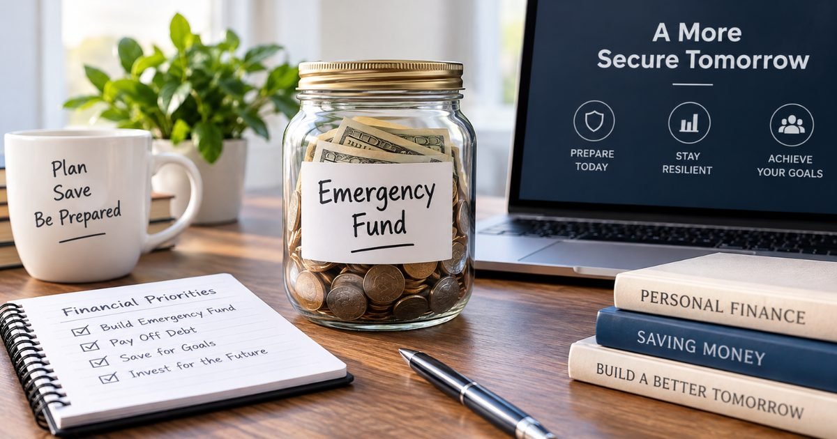 A labeled emergency fund jar with cash and coins next to a notebook titled Financial Priorities, a coffee mug that reads Plan, Save, Be Prepared, and a laptop screen reading A More Secure Tomorrow