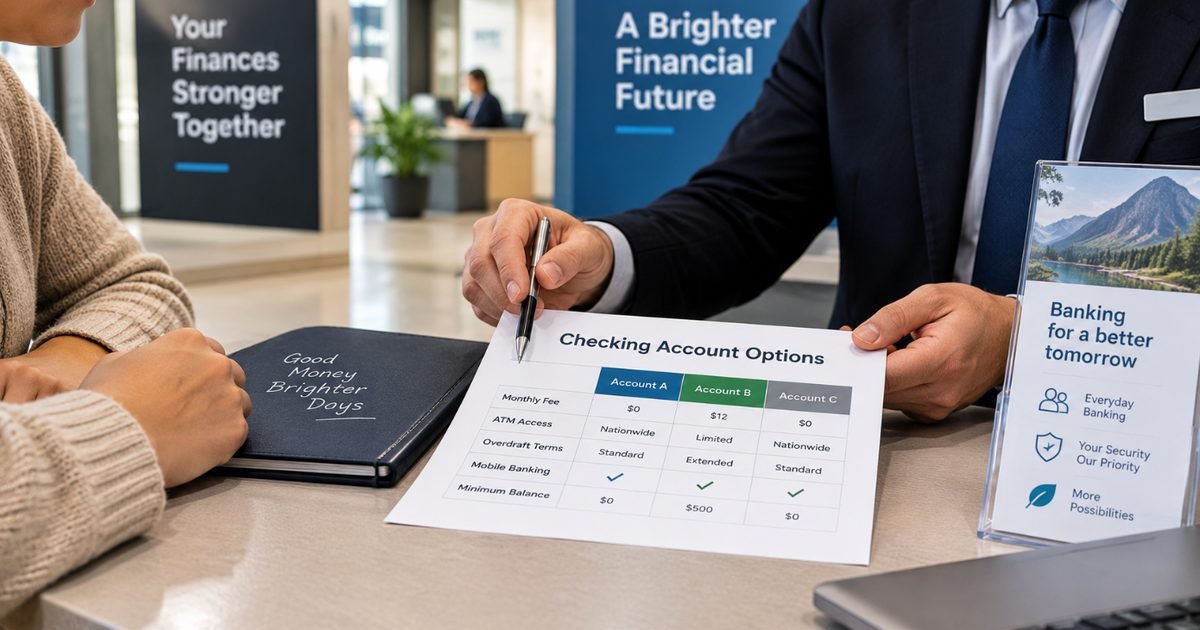 A bank representative reviewing a printed checking account comparison sheet with a customer at a bank branch counter
