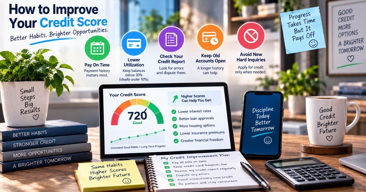 A credit score of 720 shown on a laptop next to five improvement steps: paying on time, lowering utilization, checking your credit report, keeping old accounts open and avoiding new hard inquiries