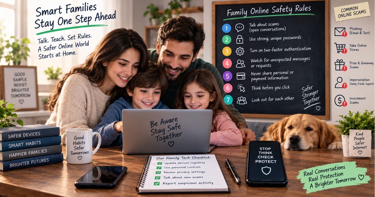 A family looking at a laptop together next to a family online safety rules checklist covering passwords, two-factor authentication and recognizing scams