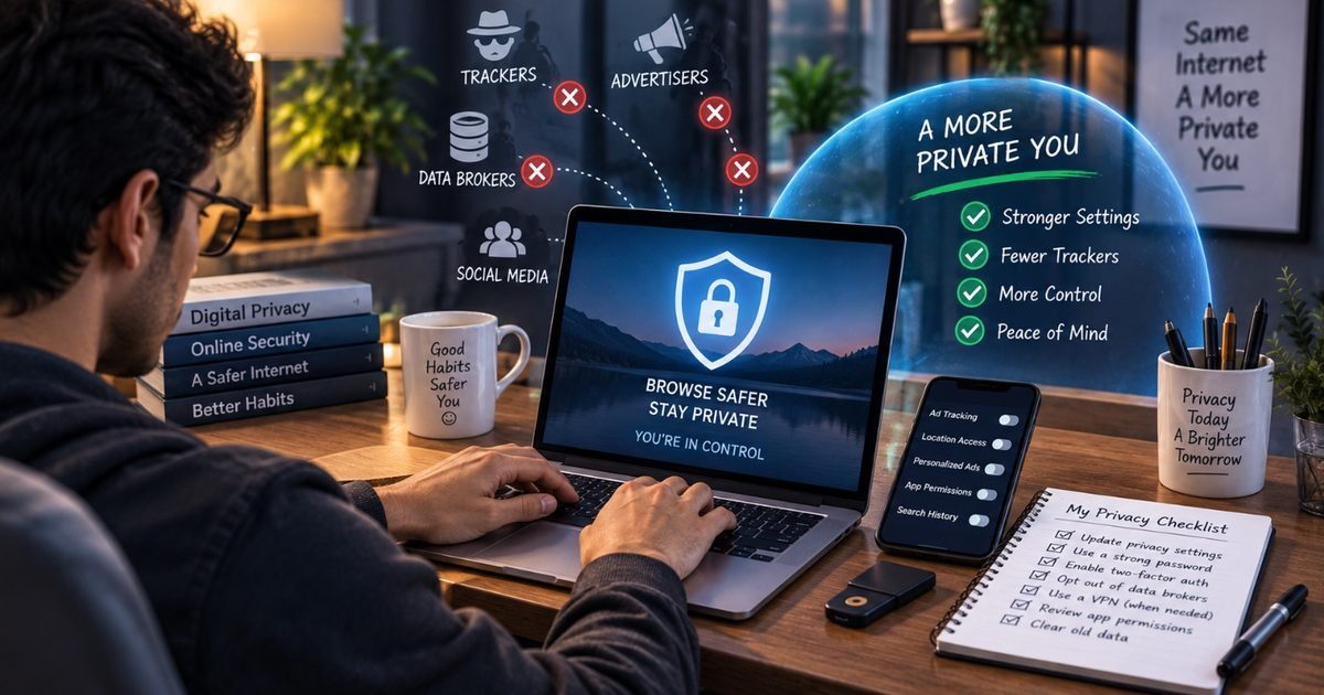 A person on a laptop with a shield icon reading Browse Safer, Stay Private, surrounded by icons for trackers, advertisers and data brokers being blocked, next to a phone with privacy toggles and a written privacy checklist