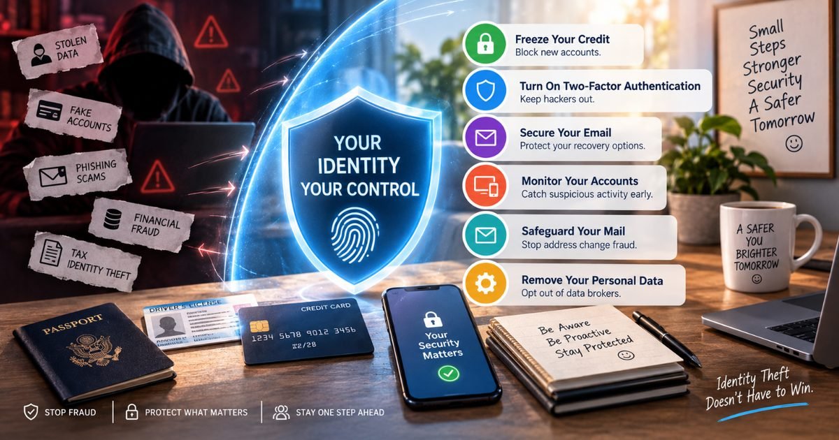 A shield icon reading Your Identity, Your Control next to a checklist of identity theft protection steps including freezing credit, two-factor authentication, securing email, monitoring accounts and removing personal data