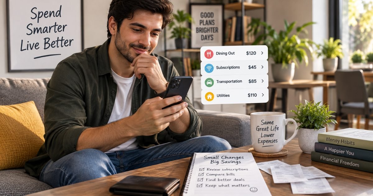 A person reviewing a phone app breakdown of monthly spending by category next to a notebook titled Small Changes, Big Savings with a recurring-expense checklist