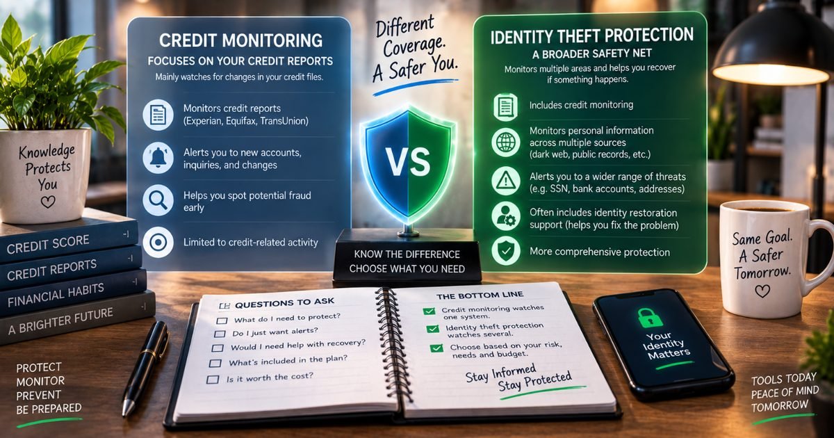 A side-by-side comparison card showing credit monitoring, which watches credit reports and alerts on new accounts, versus identity theft protection, which monitors broader personal information and includes recovery support