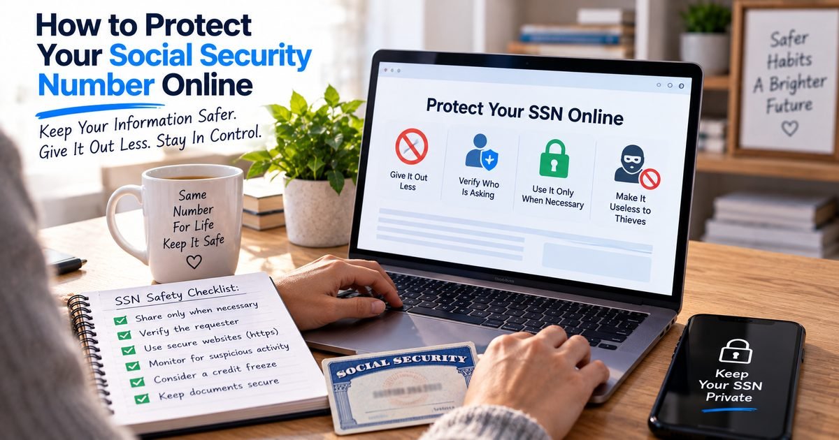 Illustration of a person at a laptop showing four tips for protecting a Social Security number online, beside an SSN safety checklist and a phone reading Keep Your SSN Private