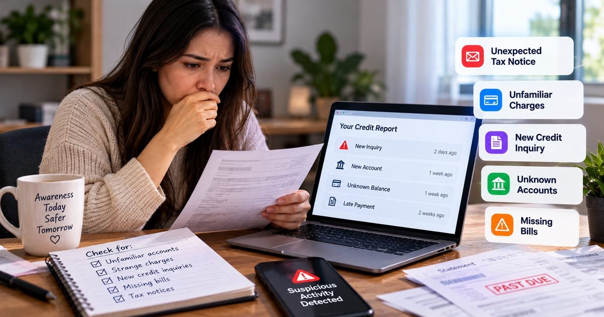 Illustration of a worried person reviewing a paper statement and a credit report on a laptop, with a checklist of warning signs such as unfamiliar accounts, new credit inquiries and tax notices