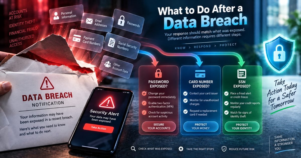 A data breach notification letter and phone security alert next to response steps for exposed passwords, payment card numbers and Social Security numbers